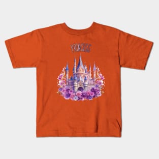 Princess Pink Purple Dreamy Castle with Flowers Watercolor Art Kids T-Shirt